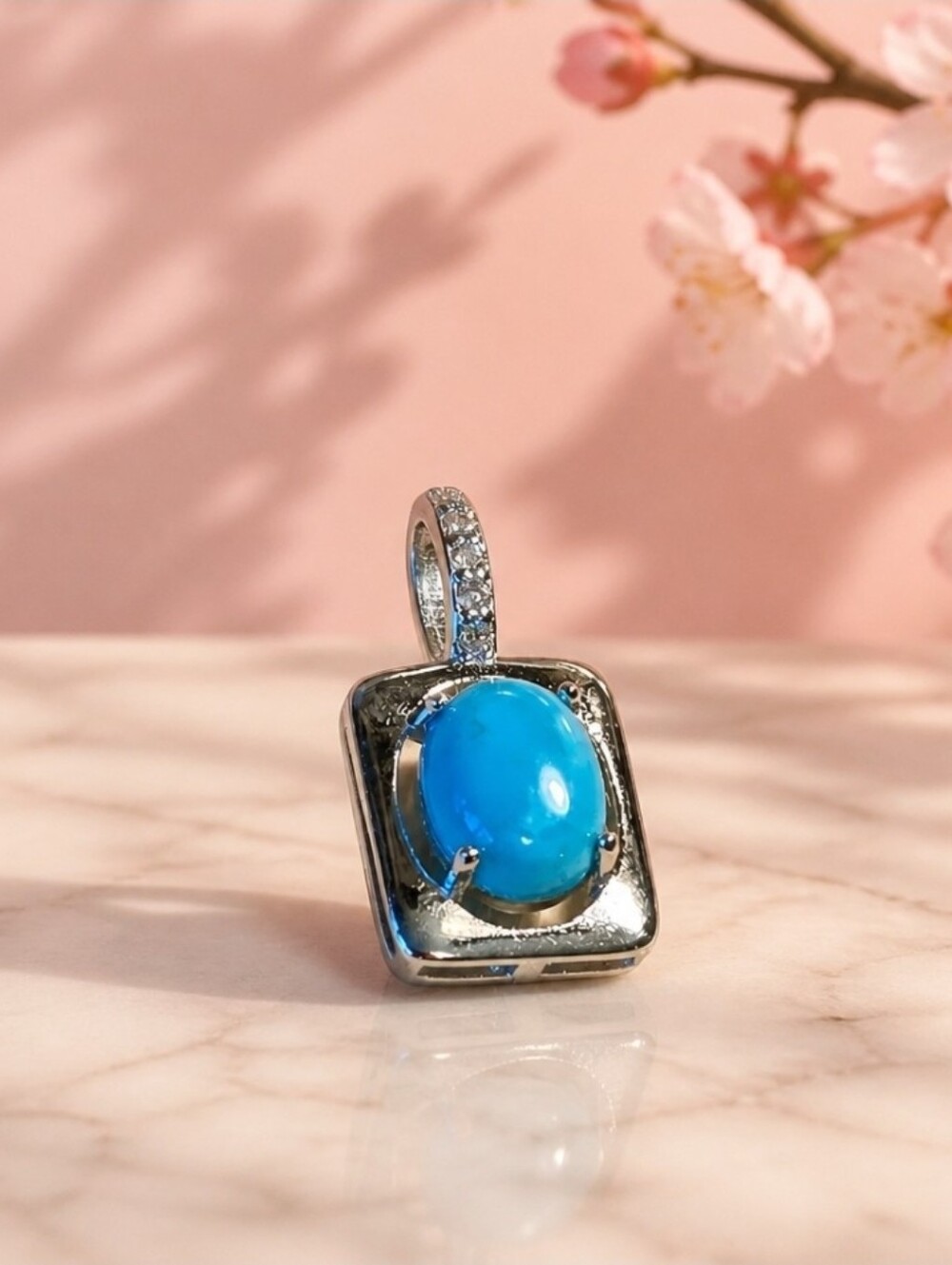 925 Sterling Siver Pendant 0.9x1.5cm With Natural Turquoise Gem &CZ